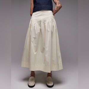 Topshop Ivory Midi Skirt High Waist Pleated Cotton Size 8